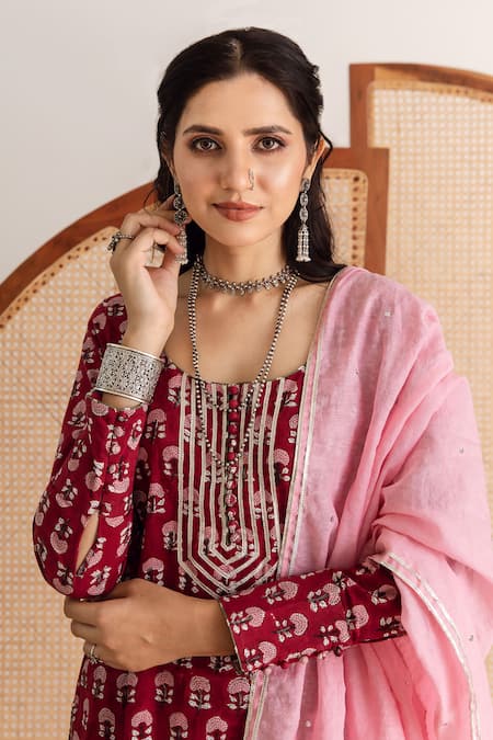Maison Shefali_Red Cotton, Chanderi Round Neck Printed Kurta Sharara Set _at_Aza_Fashions