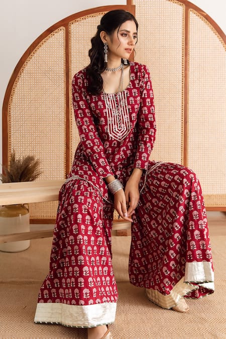 Buy_Maison Shefali_Red Cotton, Chanderi Round Neck Printed Kurta Sharara Set 