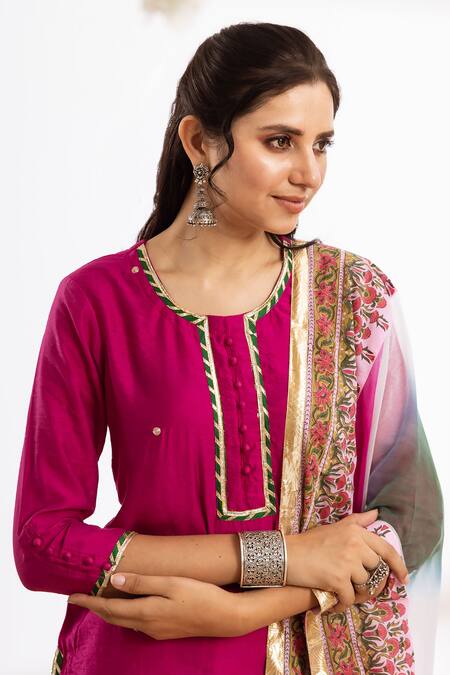 Maison Shefali_Pink Kurta Chanderi Printed Block Round Sharara Set_Online_at_Aza_Fashions