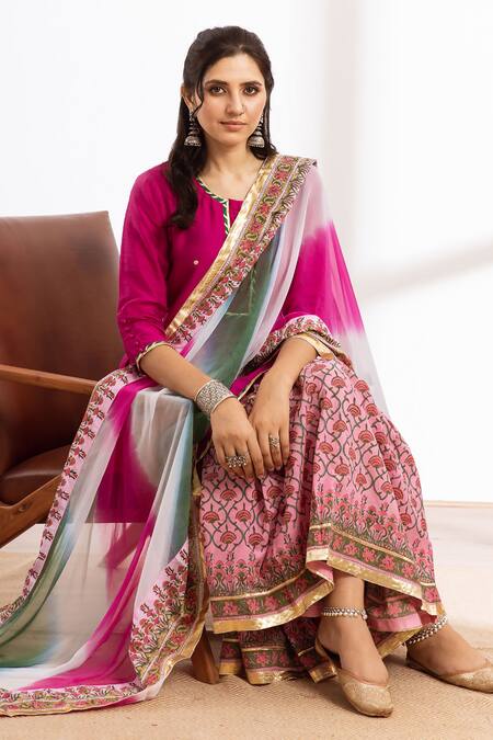 Buy_Maison Shefali_Pink Kurta Chanderi Printed Block Round Sharara Set_Online_at_Aza_Fashions