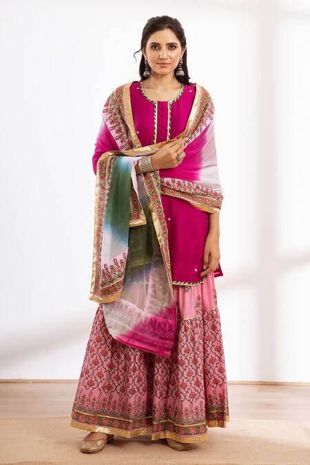 Shop_Maison Shefali_Pink Kurta Chanderi Printed Block Round Sharara Set_Online_at_Aza_Fashions