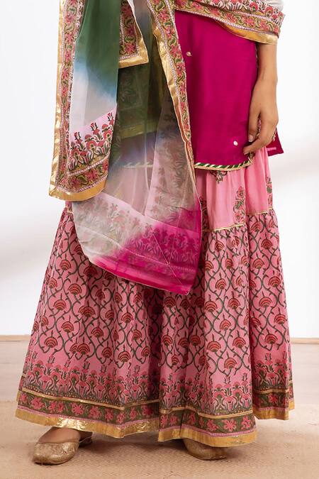 Maison Shefali_Pink Kurta Chanderi Printed Block Round Sharara Set_at_Aza_Fashions
