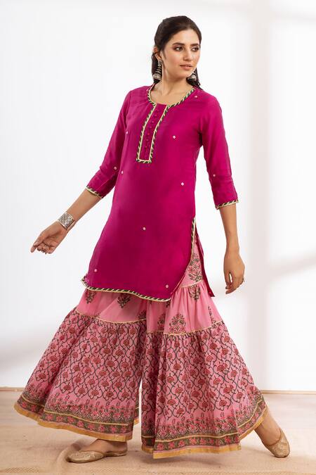 Buy_Maison Shefali_Pink Kurta Chanderi Printed Block Round Sharara Set