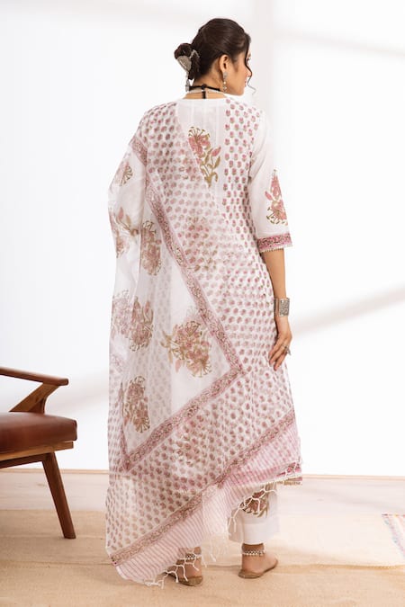 Shop_Maison Shefali_White Cotton, Kota Doria Patti, Work Printed Kalidar Kurta Pant Set _at_Aza_Fashions