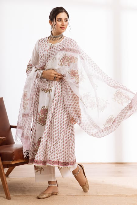 Maison Shefali_White Cotton, Kota Doria Patti, Work Printed Kalidar Kurta Pant Set _Online_at_Aza_Fashions