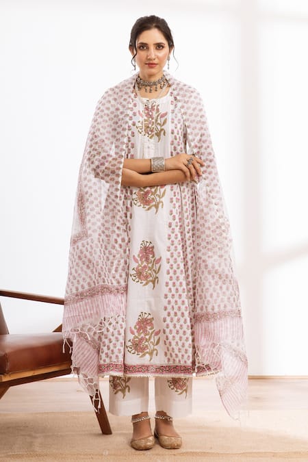 Buy_Maison Shefali_White Cotton, Kota Doria Patti, Work Printed Kalidar Kurta Pant Set _Online_at_Aza_Fashions