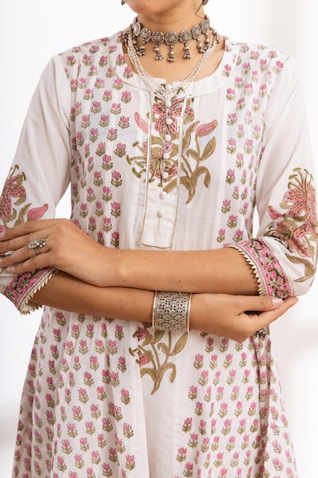 Shop_Maison Shefali_White Cotton, Kota Doria Patti, Work Printed Kalidar Kurta Pant Set _Online_at_Aza_Fashions
