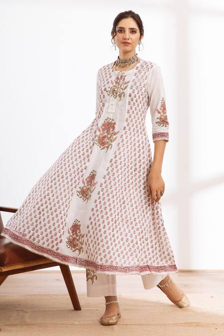 Maison Shefali_White Cotton, Kota Doria Patti, Work Printed Kalidar Kurta Pant Set _at_Aza_Fashions
