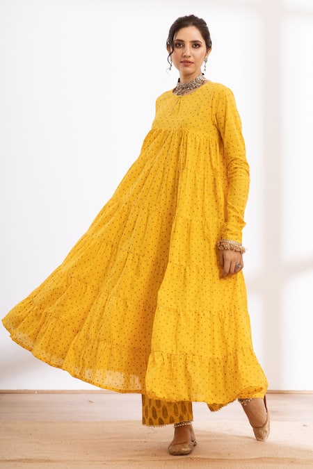 Maison Shefali_Yellow Cotton, Muslin Gota Patti Round Neck Polka Zari Print Anarkali Pant Set _Online_at_Aza_Fashions