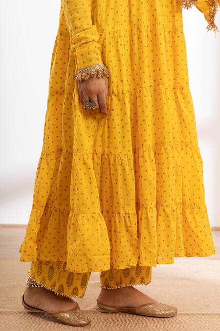 Shop_Maison Shefali_Yellow Cotton, Muslin Gota Patti Round Neck Polka Zari Print Anarkali Pant Set _Online_at_Aza_Fashions