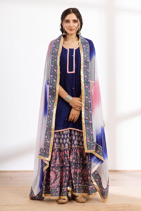 Maison Shefali_Blue Chanderi, Cotton, Chiffon Zari, Lace, Embroidery Round Kurta Sharara Set_at_Aza_Fashions