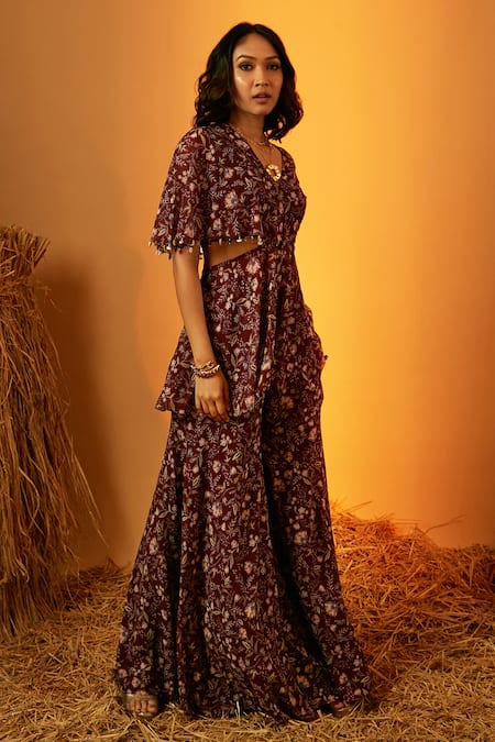 Ria Shah Label Flower Print Draped Top & Pant Set 