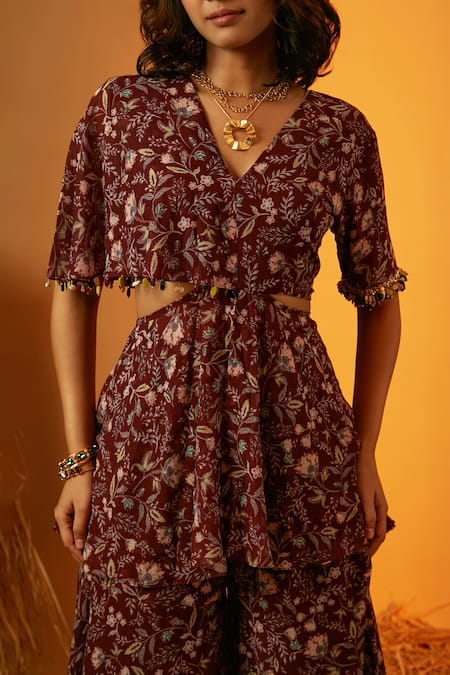Ria Shah Label Maroon Polyester Cut Work, Embroidery, Flower Print Draped Top And Pant Set Online at Aza Fashions Ria Shah Label_Maroon Polyester Cut Work, Embroidery, Flower Print Draped Top And Pant Set _Online_at_Aza_Fashions