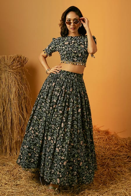 Buy Black Poly Georgette Printed Garden Round Crop Top And Skirt Set For  Women by Ria Shah Label Online at Aza Fashions.