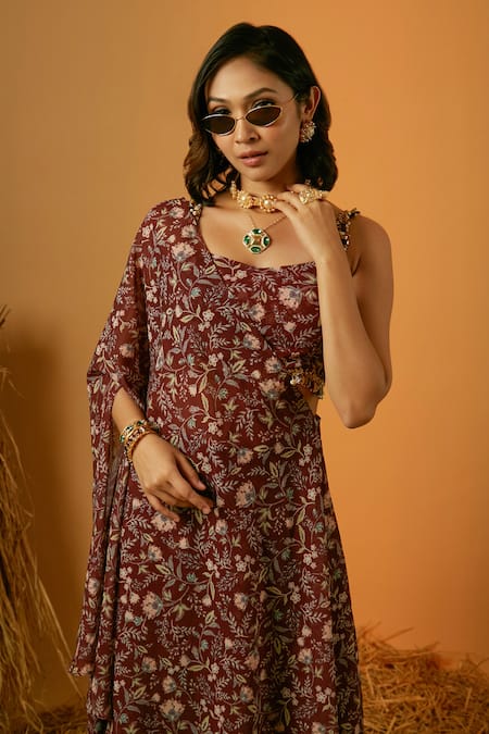 Ria Shah Label Maroon Polyester Beads, Sequins, Cut Work Garden Print Cape Sharara Set Online at Aza Fashions Ria Shah Label_Maroon Polyester Beads, Sequins, Cut Work Garden Print Cape Sharara Set _Online_at_Aza_Fashions