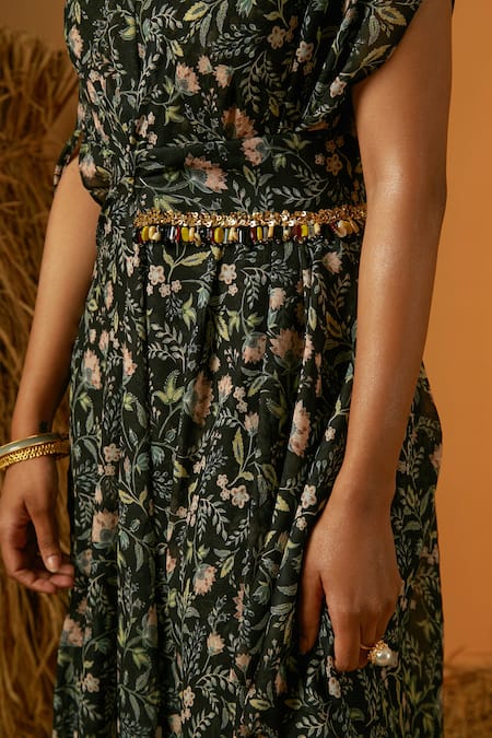 Ria Shah Label_Black Polyester Beads Asymmetric Floral Print Kaftan And Flared Pant Set _Online_at_Aza_Fashions