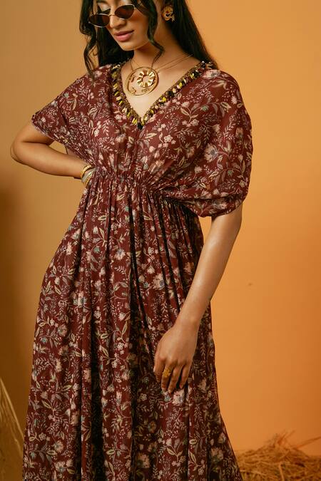 Ria Shah Label_Maroon Polyester Beads, Sequins V-neck Flower Print Kaftan And Flared Pant Set _Online_at_Aza_Fashions