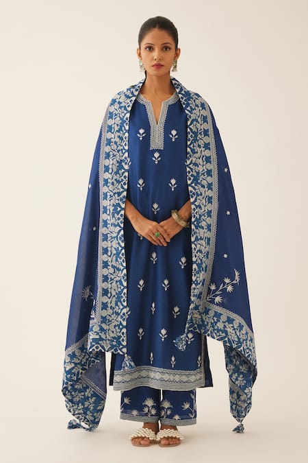 Kora_Blue Silk, Chanderi Embroidery, Tassels Split V-neck Kurta Set _at_Aza_Fashions