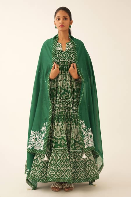 Shop Kora Green Cotton, Silk, Chanderi Sequins, Floral Hand Block Printed Anarkali Set at Aza Fashions Shop_Kora_Green Cotton, Silk, Chanderi Sequins, Floral Hand Block Printed Anarkali Set _at_Aza_Fashions