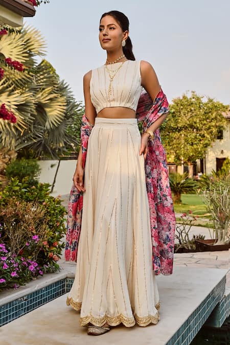 Palak & Mehak_Multi Color Chanderi, Rayon Embroidery Round Neck Disha Scallop Trim Lehenga Set _Online_at_Aza_Fashions