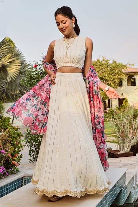 Buy_Palak & Mehak_Multi Color Chanderi, Rayon Embroidery Round Neck Disha Scallop Trim Lehenga Set _Online_at_Aza_Fashions