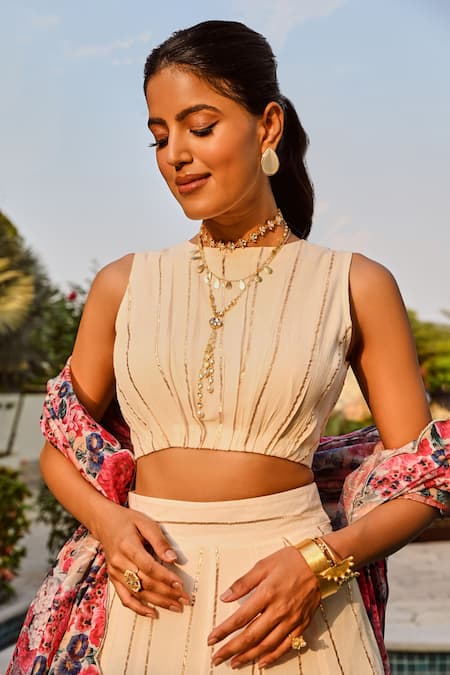 Shop_Palak & Mehak_Multi Color Chanderi, Rayon Embroidery Round Neck Disha Scallop Trim Lehenga Set _Online_at_Aza_Fashions