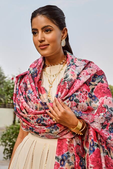 Palak & Mehak_Multi Color Chanderi, Rayon Embroidery Round Neck Disha Scallop Trim Lehenga Set _at_Aza_Fashions