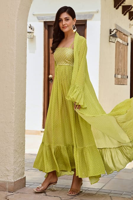 Palak & Mehak Green Crepe Embroidery Square Neck, Open Ifat Bandhani Print Dress With Jacket Online at Aza Fashions Palak & Mehak_Green Crepe Embroidery Square Neck, Open Ifat Bandhani Print Dress With Jacket _Online_at_Aza_Fashions