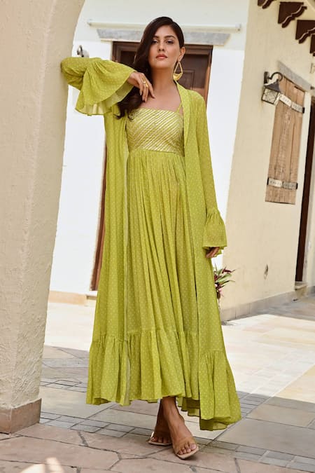 Buy Palak & Mehak Green Crepe Embroidery Square Neck, Open Ifat Bandhani Print Dress With Jacket Online at Aza Fashions Buy_Palak & Mehak_Green Crepe Embroidery Square Neck, Open Ifat Bandhani Print Dress With Jacket _Online_at_Aza_Fashions
