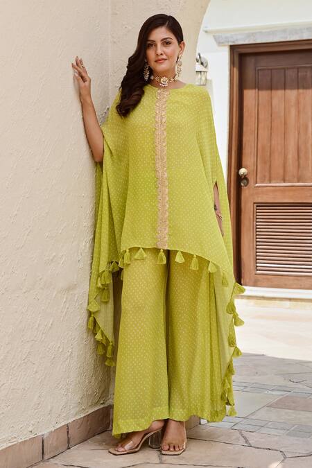 Palak & Mehak_Multi Color Crepe Tassels Round Neck Kai Bandhani Print Kaftan With Palazzo _Online_at_Aza_Fashions