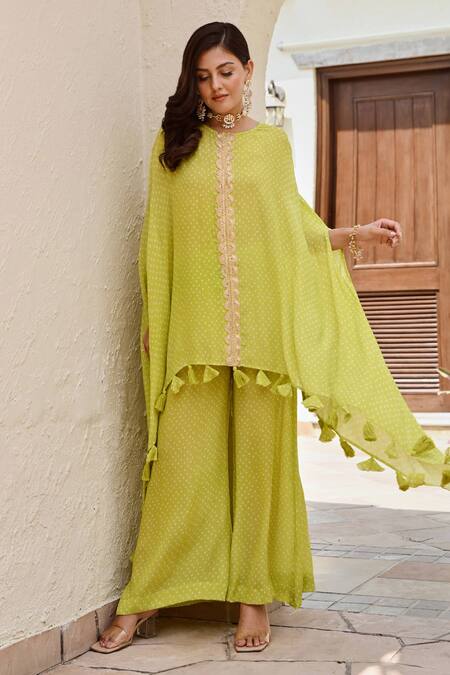 Buy_Palak & Mehak_Multi Color Crepe Tassels Round Neck Kai Bandhani Print Kaftan With Palazzo _Online_at_Aza_Fashions