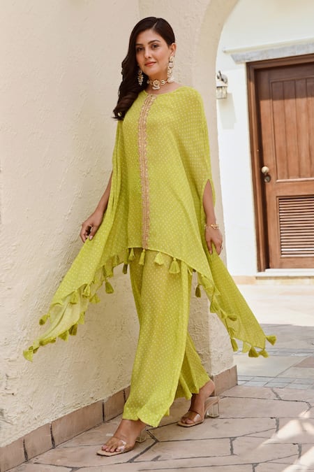 Shop_Palak & Mehak_Multi Color Crepe Tassels Round Neck Kai Bandhani Print Kaftan With Palazzo _Online_at_Aza_Fashions