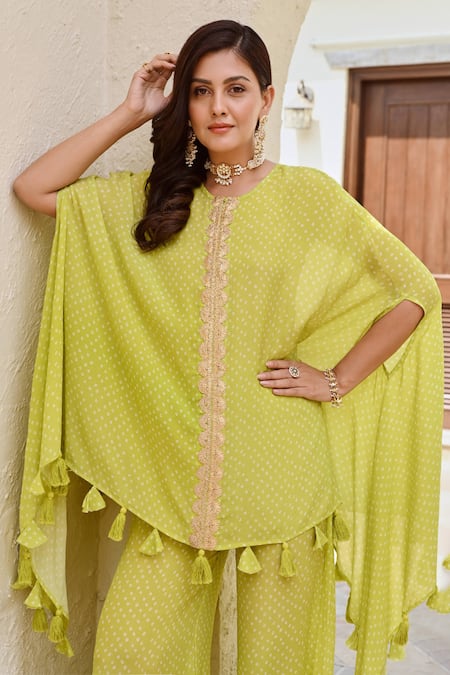 Palak & Mehak_Multi Color Crepe Tassels Round Neck Kai Bandhani Print Kaftan With Palazzo _at_Aza_Fashions