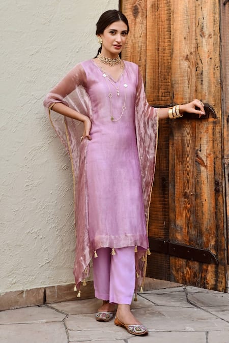 Palak & Mehak_Purple Cotton, Tissue Tassels V-neck Mira Shimmer Finish Kaftan With Pant _Online_at_Aza_Fashions