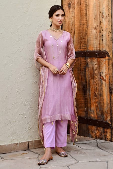 Buy_Palak & Mehak_Purple Cotton, Tissue Tassels V-neck Mira Shimmer Finish Kaftan With Pant _Online_at_Aza_Fashions