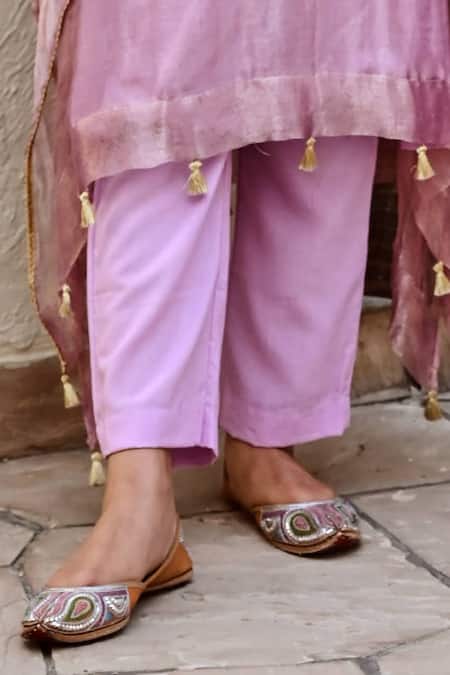 Shop_Palak & Mehak_Purple Cotton, Tissue Tassels V-neck Mira Shimmer Finish Kaftan With Pant _Online_at_Aza_Fashions