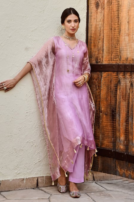 Palak & Mehak_Purple Cotton, Tissue Tassels V-neck Mira Shimmer Finish Kaftan With Pant _at_Aza_Fashions