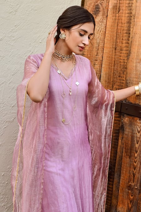 Buy_Palak & Mehak_Purple Cotton, Tissue Tassels V-neck Mira Shimmer Finish Kaftan With Pant 