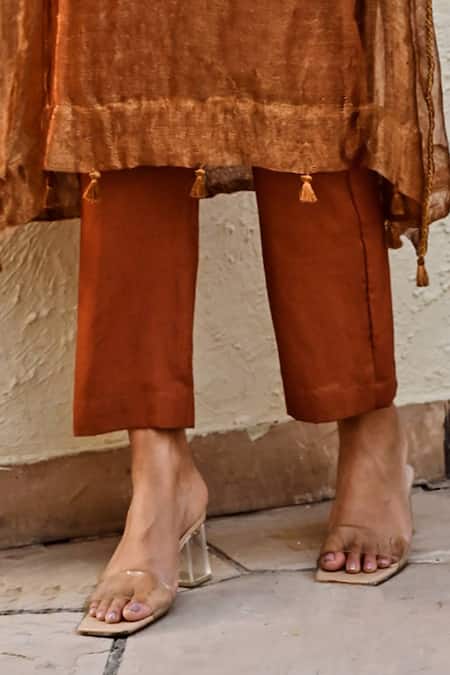 Palak & Mehak_Brown Cotton, Tissue Tassels V-neck Mira Shimmer Effect Kaftan With Pant _Online_at_Aza_Fashions