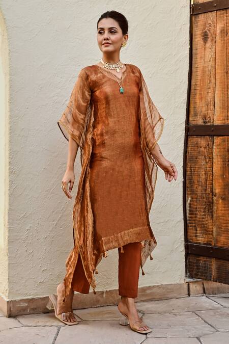Buy_Palak & Mehak_Brown Cotton, Tissue Tassels V-neck Mira Shimmer Effect Kaftan With Pant _Online_at_Aza_Fashions