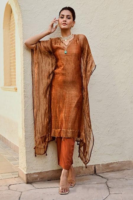 Shop_Palak & Mehak_Brown Cotton, Tissue Tassels V-neck Mira Shimmer Effect Kaftan With Pant _Online_at_Aza_Fashions