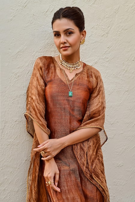 Palak & Mehak_Brown Cotton, Tissue Tassels V-neck Mira Shimmer Effect Kaftan With Pant _at_Aza_Fashions