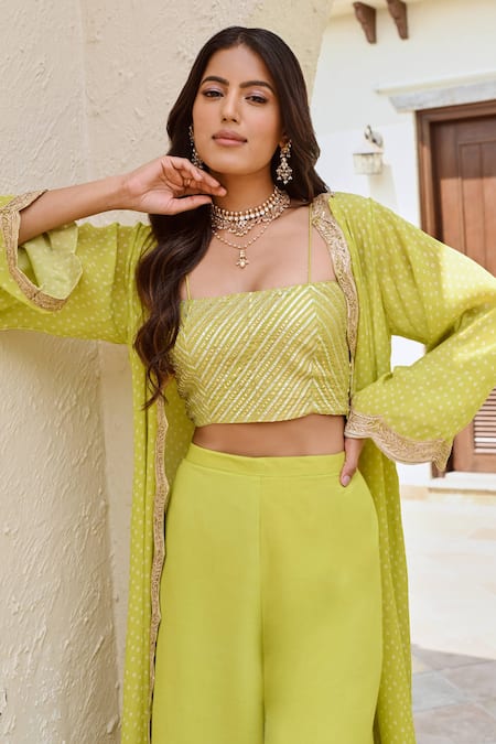 Buy_Palak & Mehak_Green Crepe Zari, Gota Patti Square Neck, Naaz Bandhani Print Jacket And Pant Set _Online_at_Aza_Fashions