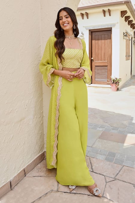 Shop_Palak & Mehak_Green Crepe Zari, Gota Patti Square Neck, Naaz Bandhani Print Jacket And Pant Set _Online_at_Aza_Fashions