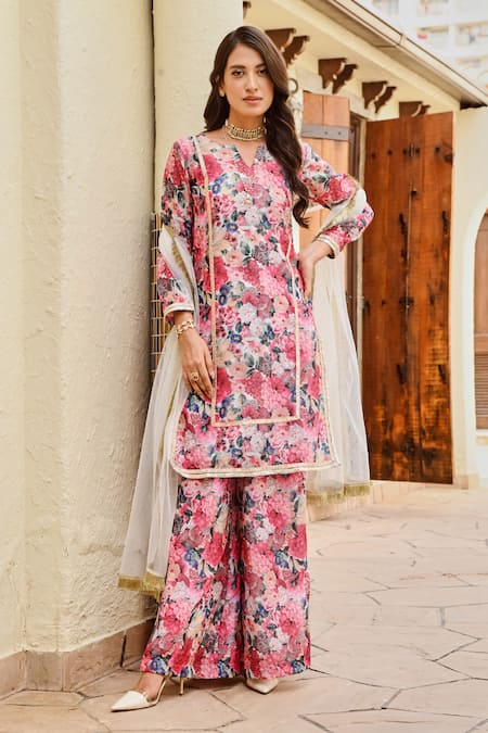 Shop Palak & Mehak Multi Color Chanderi Fringe Split Nura Floral Bloom Print Kurta And Palazzo Set at Aza Fashions Shop_Palak & Mehak_Multi Color Chanderi Fringe Split Nura Floral Bloom Print Kurta And Palazzo Set _at_Aza_Fashions