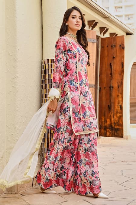 Palak & Mehak Multi Color Chanderi Fringe Split Nura Floral Bloom Print Kurta And Palazzo Set Online at Aza Fashions Palak & Mehak_Multi Color Chanderi Fringe Split Nura Floral Bloom Print Kurta And Palazzo Set _Online_at_Aza_Fashions