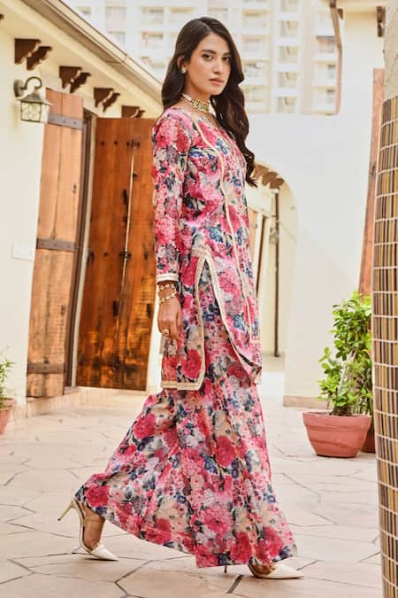 Buy Palak & Mehak Multi Color Chanderi Fringe Split Nura Floral Bloom Print Kurta And Palazzo Set Online at Aza Fashions Buy_Palak & Mehak_Multi Color Chanderi Fringe Split Nura Floral Bloom Print Kurta And Palazzo Set _Online_at_Aza_Fashions