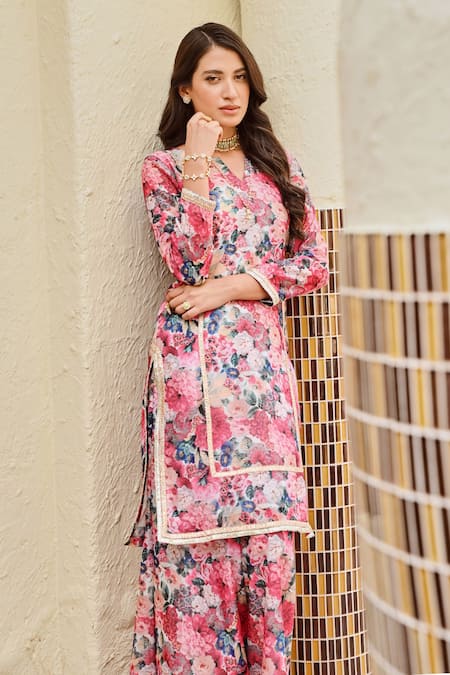 Shop Palak & Mehak Multi Color Chanderi Fringe Split Nura Floral Bloom Print Kurta And Palazzo Set Online at Aza Fashions Shop_Palak & Mehak_Multi Color Chanderi Fringe Split Nura Floral Bloom Print Kurta And Palazzo Set _Online_at_Aza_Fashions