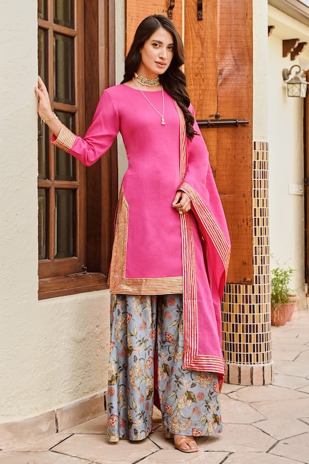 Red embroidered yoke princes line kurta with cream palazzo pant