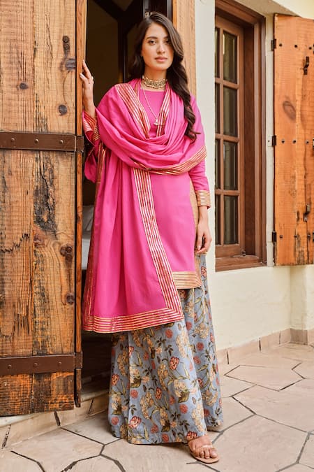 Buy Palak & Mehak Pink Chanderi, Cotton Embroidery Round Nura Kurta And Floral Print Palazzo Set Online at Aza Fashions Buy_Palak & Mehak_Pink Chanderi, Cotton Embroidery Round Nura Kurta And Floral Print Palazzo Set _Online_at_Aza_Fashions